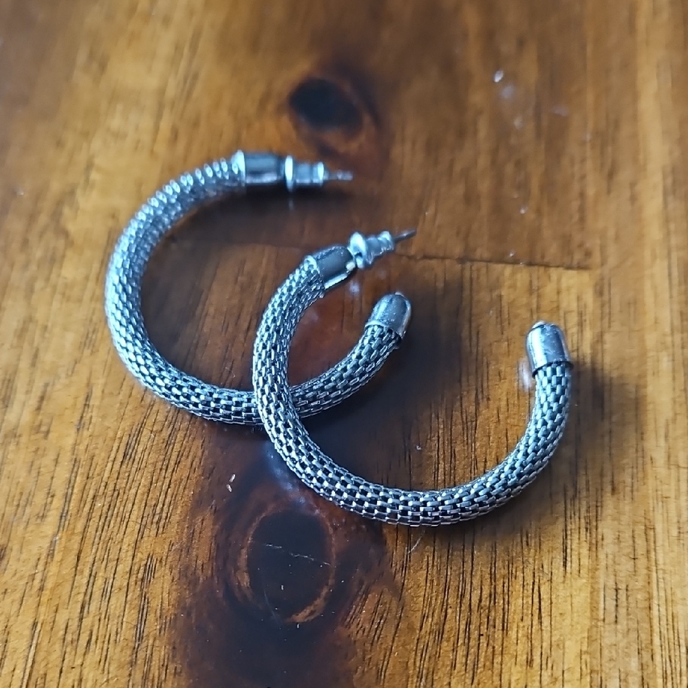 3 For $15 Silver Mesh Hoop Earrings with Post Backs.